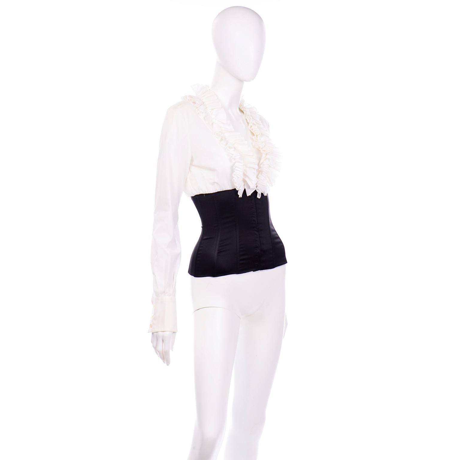 Dolce &amp;amp; Gabbana Weiße durchsichtige Bluse mit tiefem V-Rüschen und schwarzer Korsetttaille, neu mit Etikett Damen