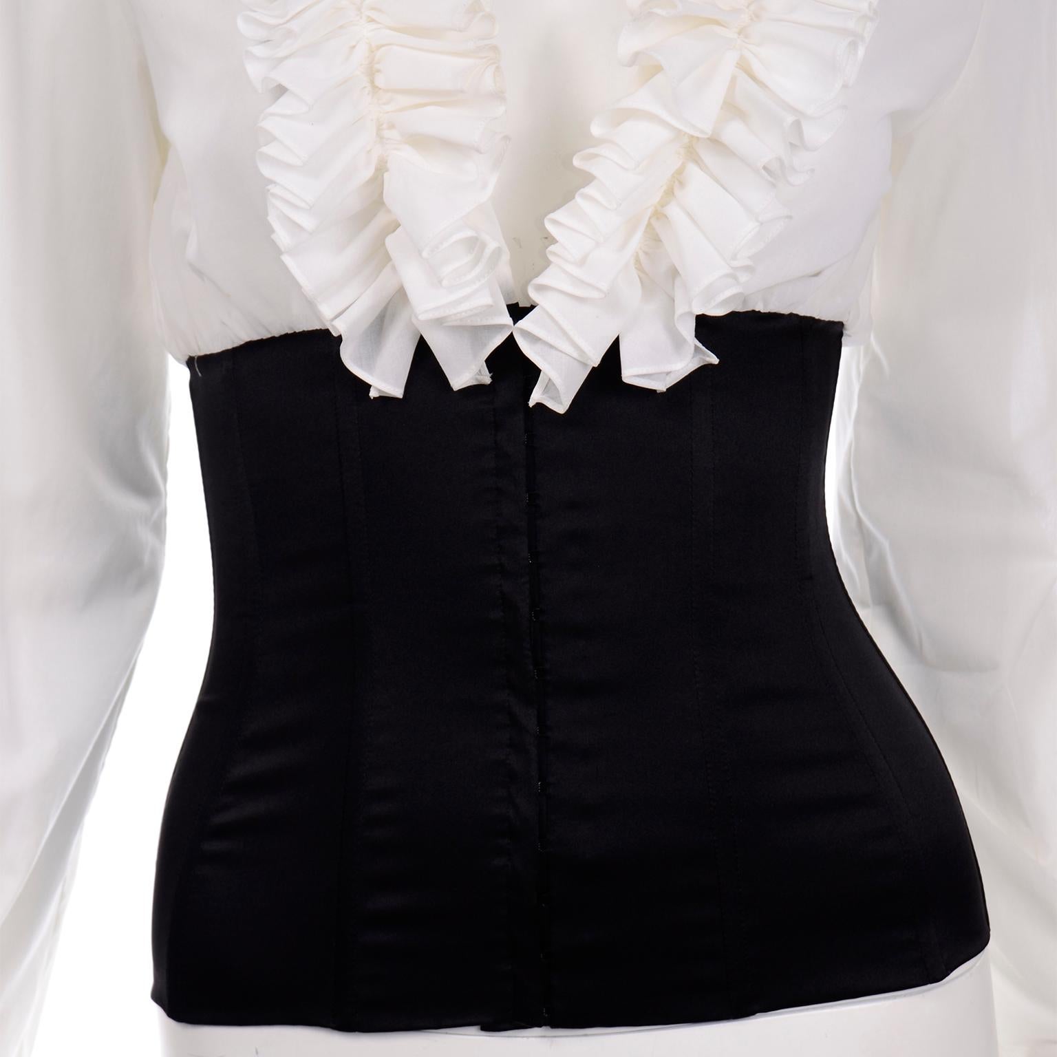 Dolce &amp;amp; Gabbana Weiße durchsichtige Bluse mit tiefem V-Rüschen und schwarzer Korsetttaille, neu mit Etikett 1