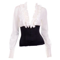 Dolce & Gabbana Sheer White Low V Ruffle Blouse w Black Corset Waist New w Tags