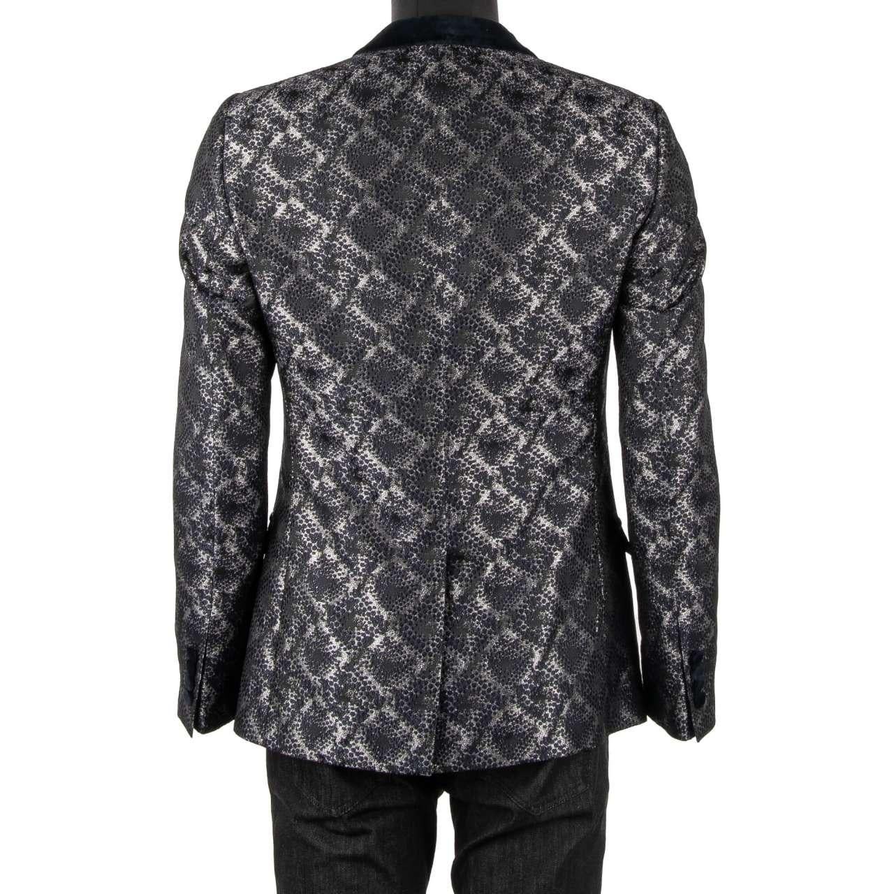 Dolce & Gabbana Shiny Lurex Tuxedo Blazer GOLD with Velvet Lapel Blue Silver 46 In Excellent Condition For Sale In Erkrath, DE