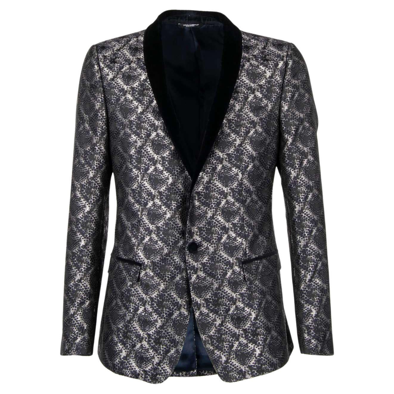Dolce & Gabbana Shiny Lurex Tuxedo Blazer GOLD with Velvet Lapel Blue Silver 46 For Sale