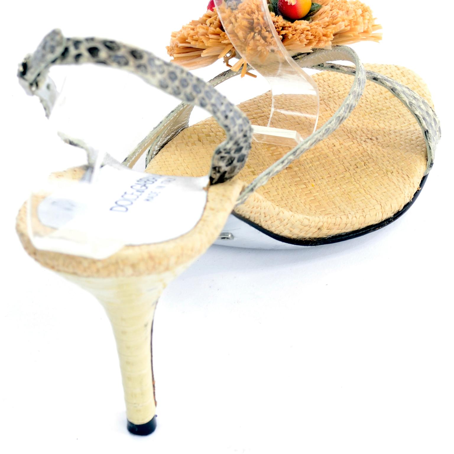 Dolce & Gabbana Shoes Raffia & Fruit Snakeskin Slingback Sandals Heels 37.5 In Good Condition For Sale In Portland, OR
