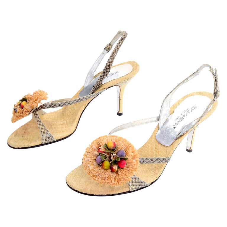 Dolce and Gabbana Shoes Raffia and Fruit Snakeskin Slingback Sandals Heels  37.5 For Sale at 1stDibs