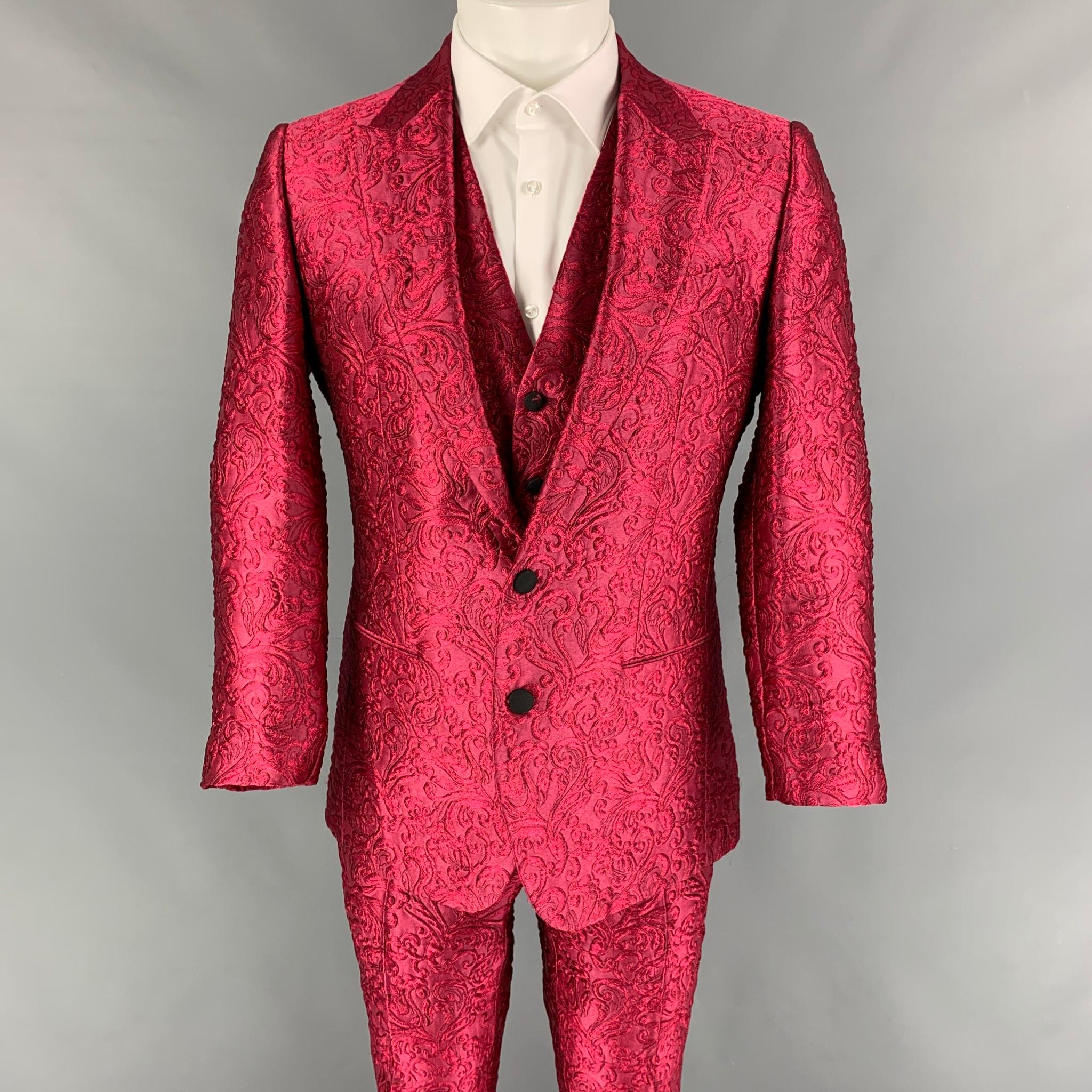 DOLCE 
GABBANA SICILIA Size 38 R Pink Brocade Polyester Silk Blend 3 Piece Suit