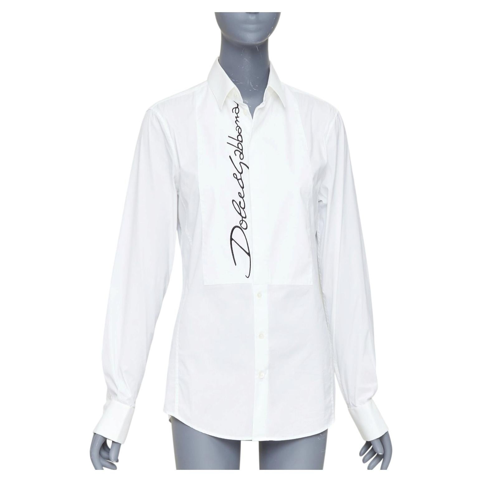 DOLCE GABBANA Sicilia white cotton black logo pleat sleeves shirt EU37 XS