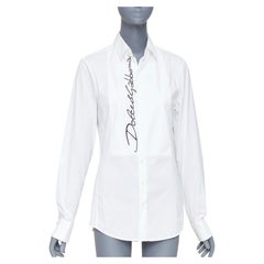 Dolce & Gabbana Sicilia, camicia in cotone bianco con logo nero e maniche a pieghe, taglia XS (EU37)