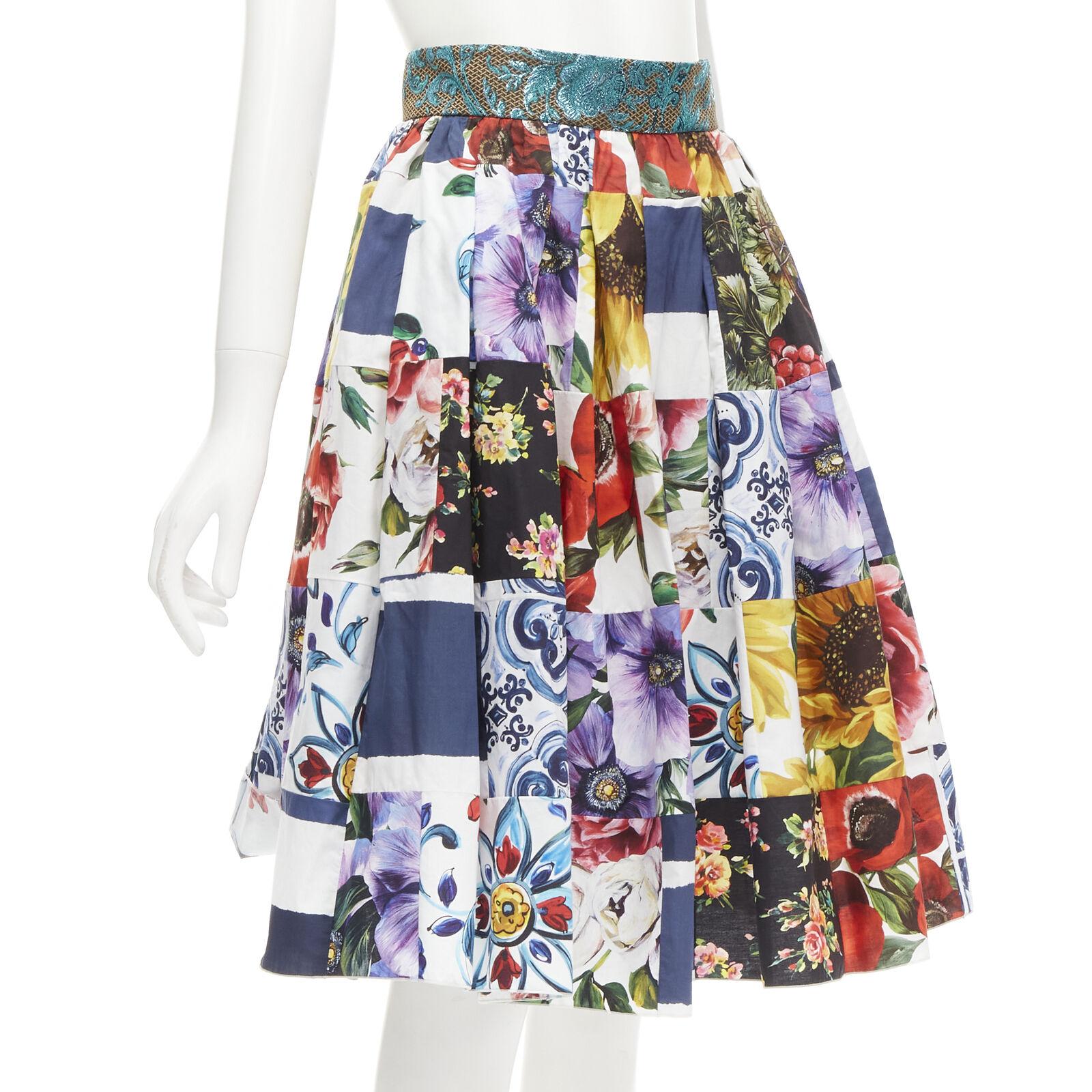 Gray DOLCE GABBANA Sicilian Patchwork floral patchwork brocade waist skirt IT38 XS For Sale