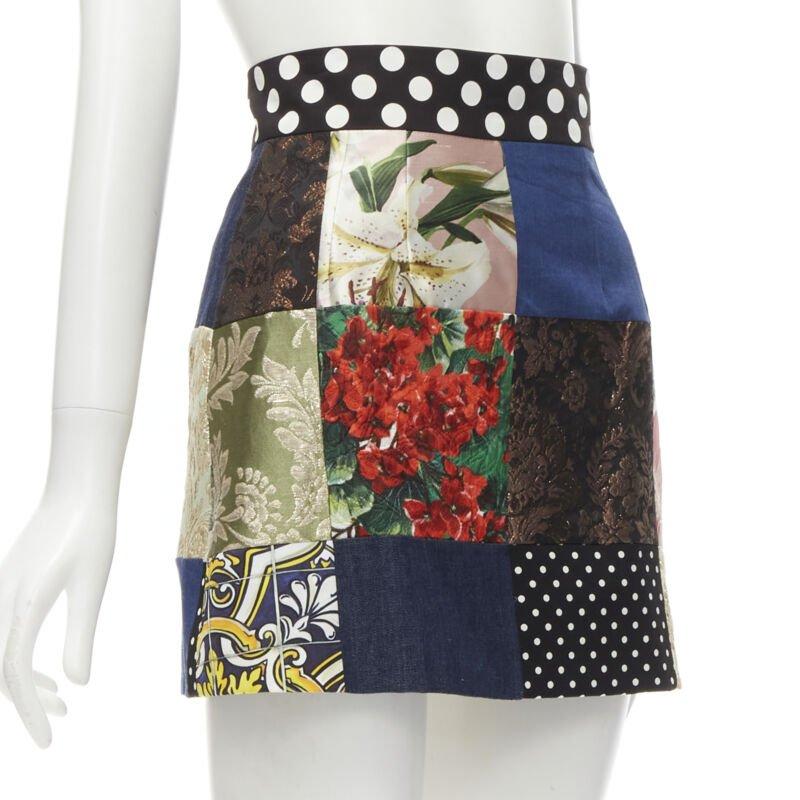 Black DOLCE GABBANA Sicililan Patchwork multi floral jacquard short skirt IT38 XS For Sale