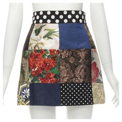 DOLCE GABBANA Jupe courte en jacquard à motifs floraux multicolores et patchwork sicilien taille IT 38 XS