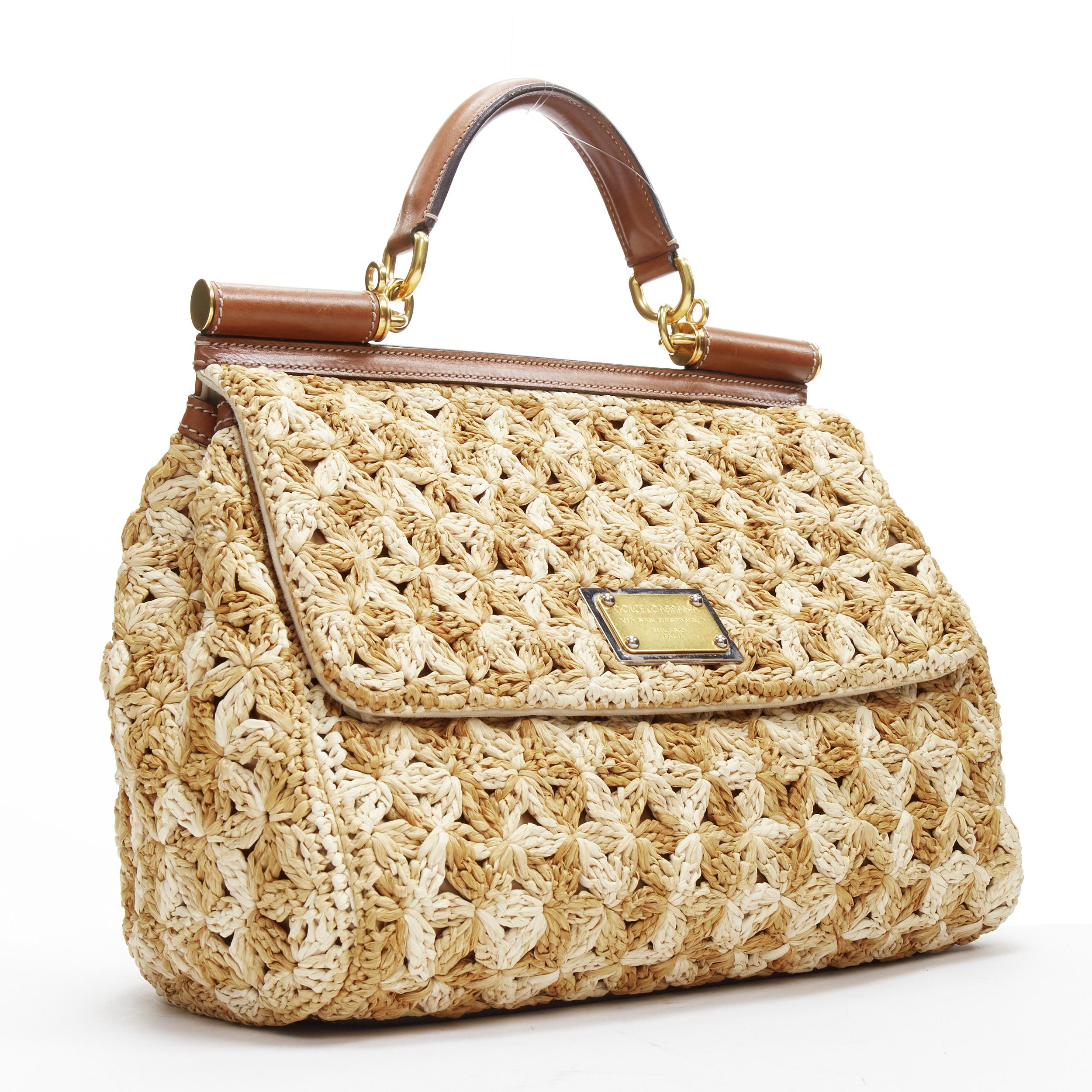 Beige DOLCE GABBANA Sicily beige raffia crochet large top handle crossbody bag