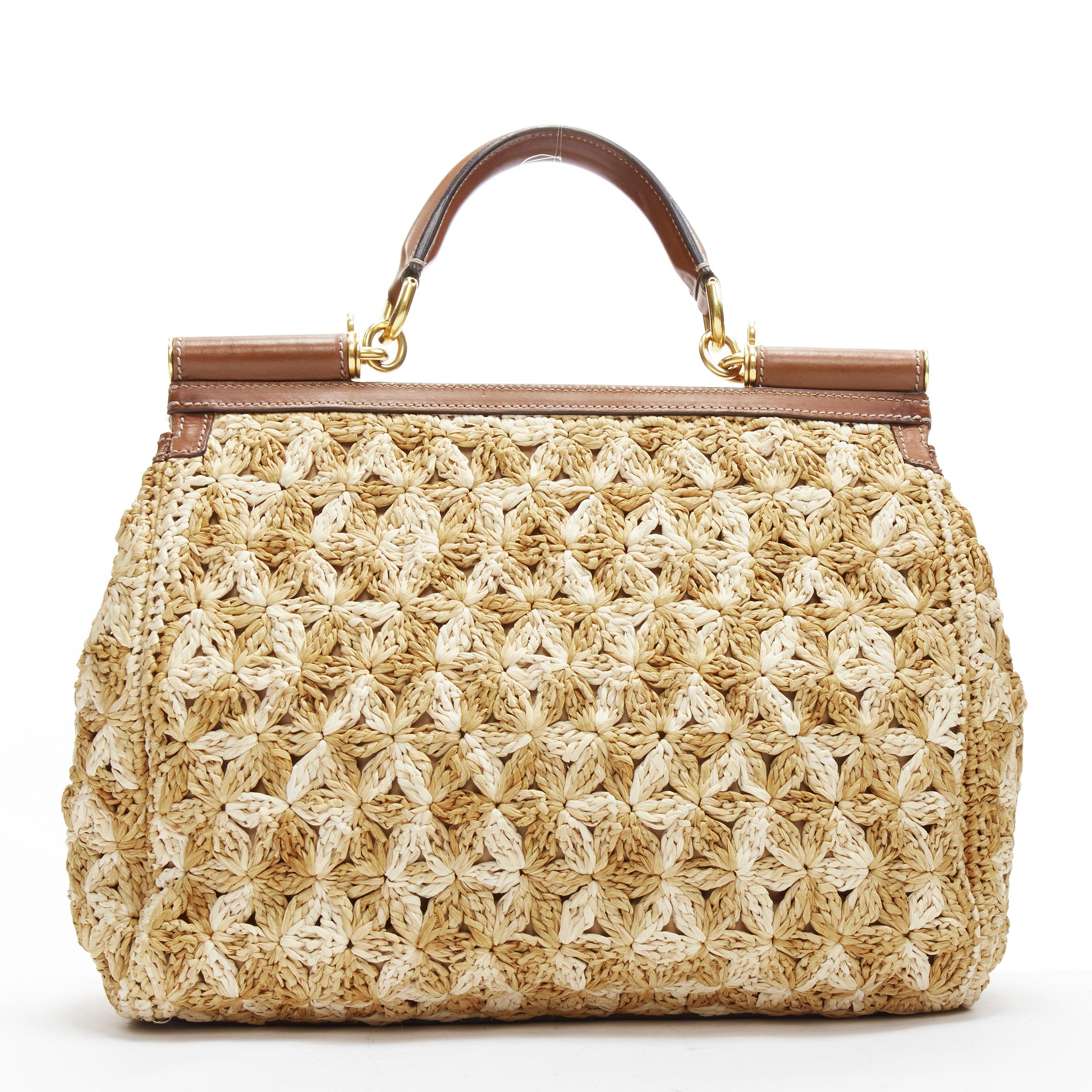 Women's DOLCE GABBANA Sicily beige raffia crochet large top handle crossbody bag