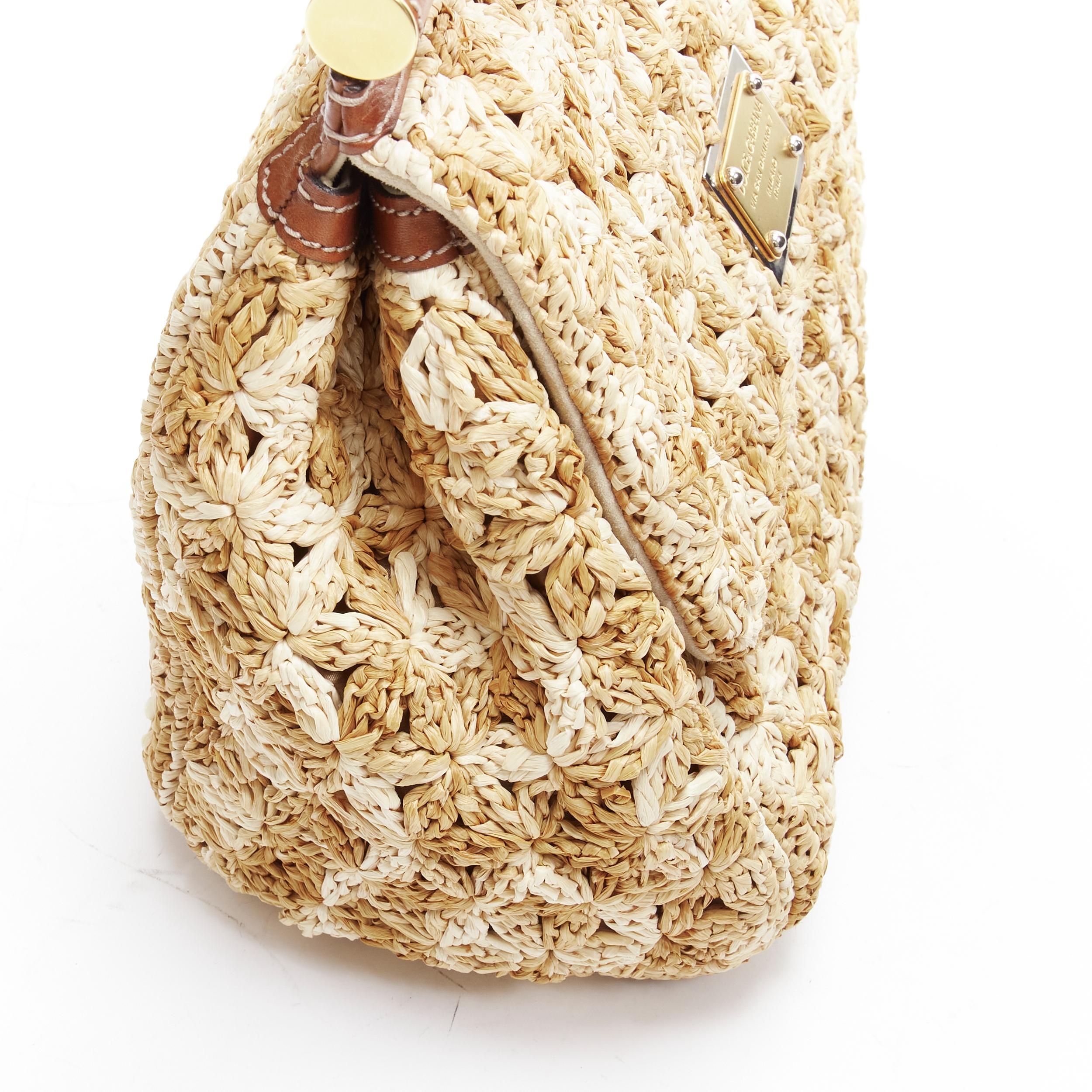 DOLCE GABBANA Sicily beige raffia crochet large top handle crossbody bag For Sale 2
