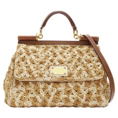 DOLCE GABBANA Sicily beige raffia crochet large top handle crossbody bag