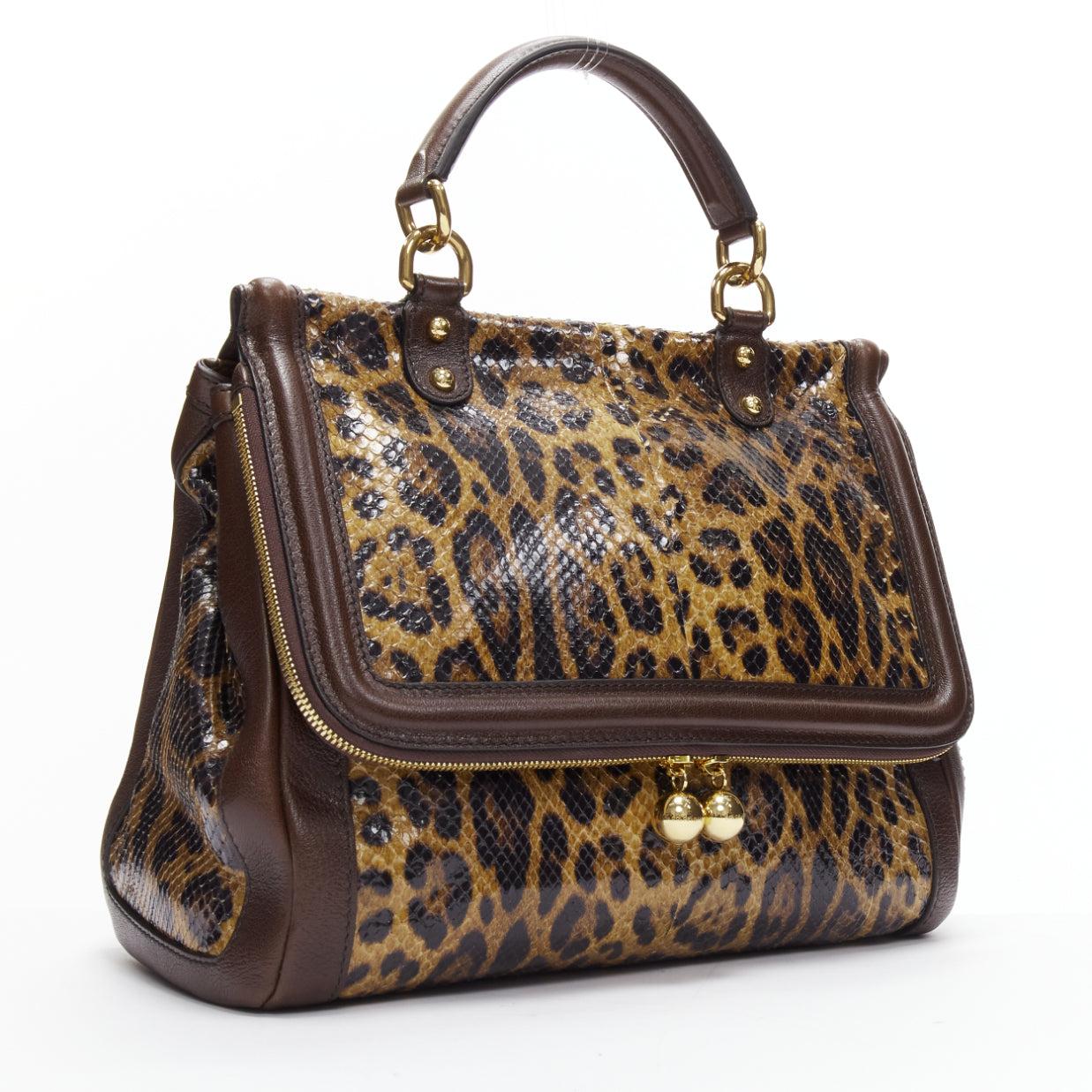 Black DOLCE GABBANA Sicily brown leopard print scaled leather satchel bag For Sale