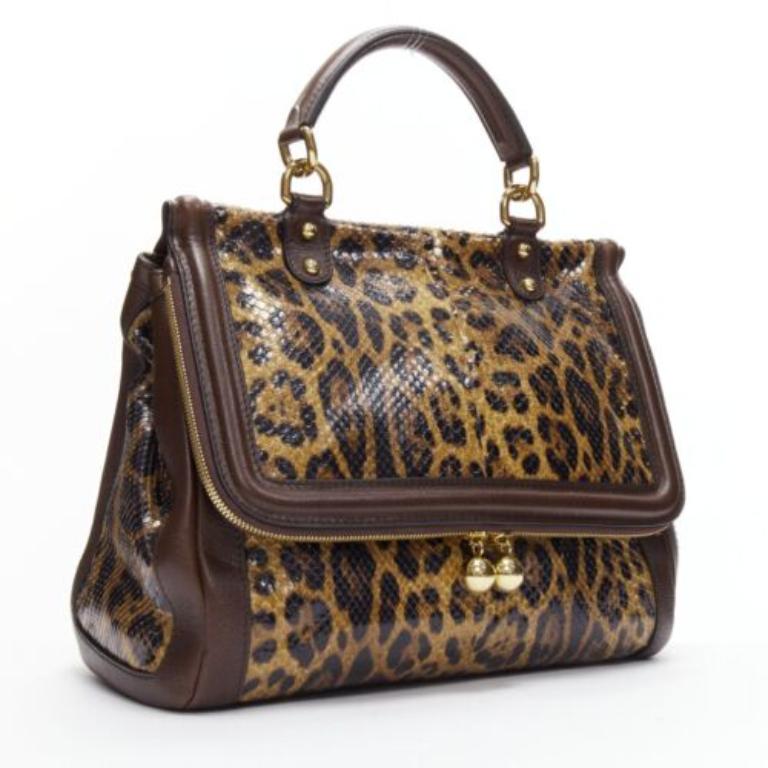 Brown DOLCE GABBANA Sicily brown leopard print scaled leather satchel bag For Sale