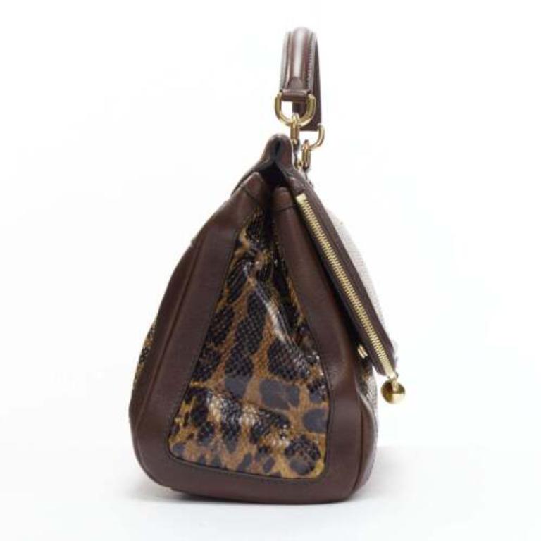 DOLCE GABBANA Sicily brown leopard print scaled leather satchel bag In Good Condition For Sale In Hong Kong, NT