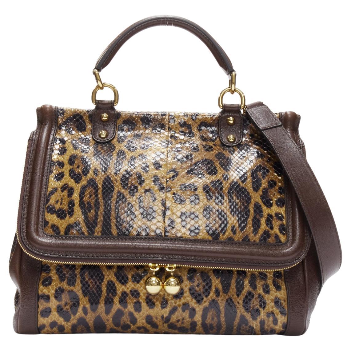 DOLCE GABBANA Sicily brown leopard print scaled leather satchel bag For Sale