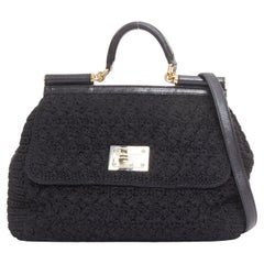 DOLCE GABBANA Sicily crochet leather trim gold hardware top handle satchel bag