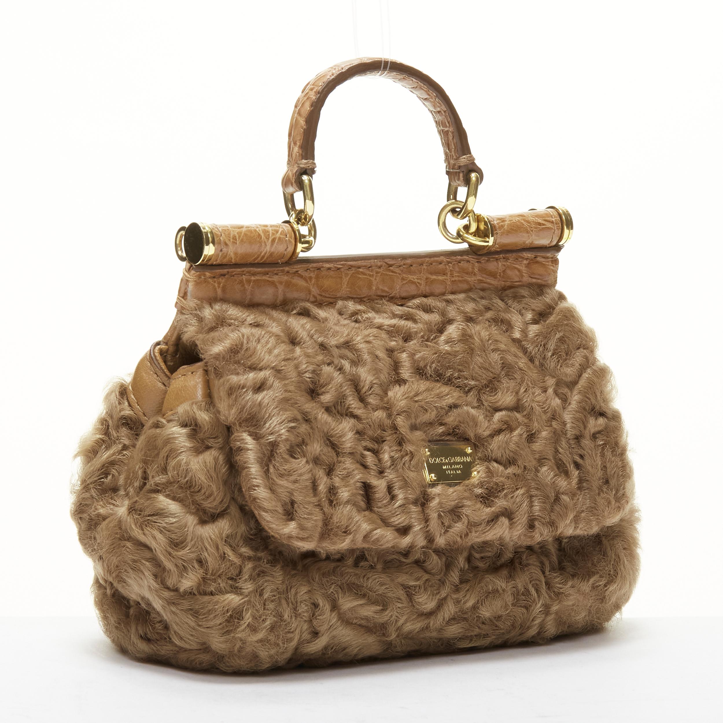 DOLCE GABBANA Sicily shearling lamb fur embossed leather mini crossbody bag In Good Condition In Hong Kong, NT