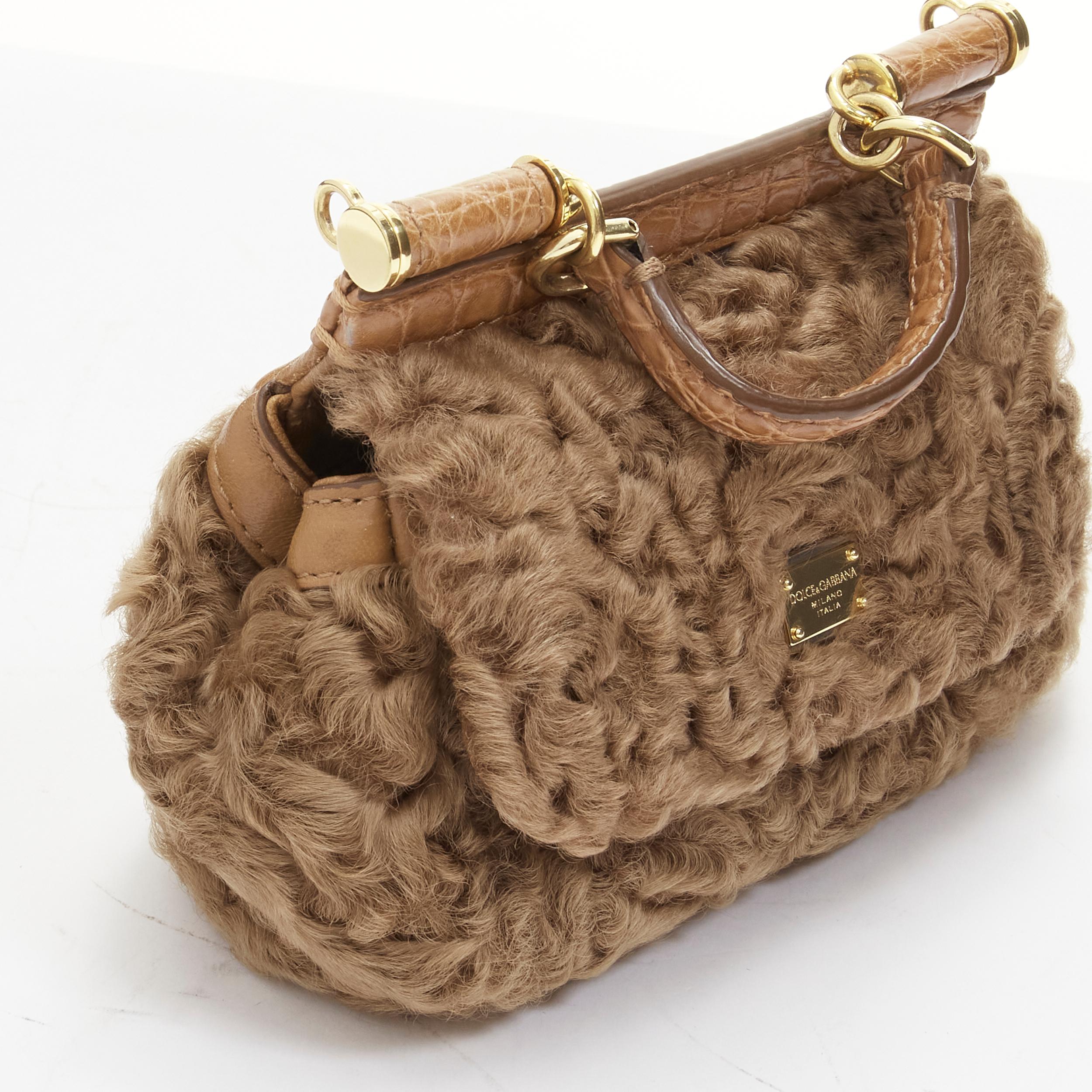 DOLCE GABBANA Sicily shearling lamb fur embossed leather mini crossbody bag 4