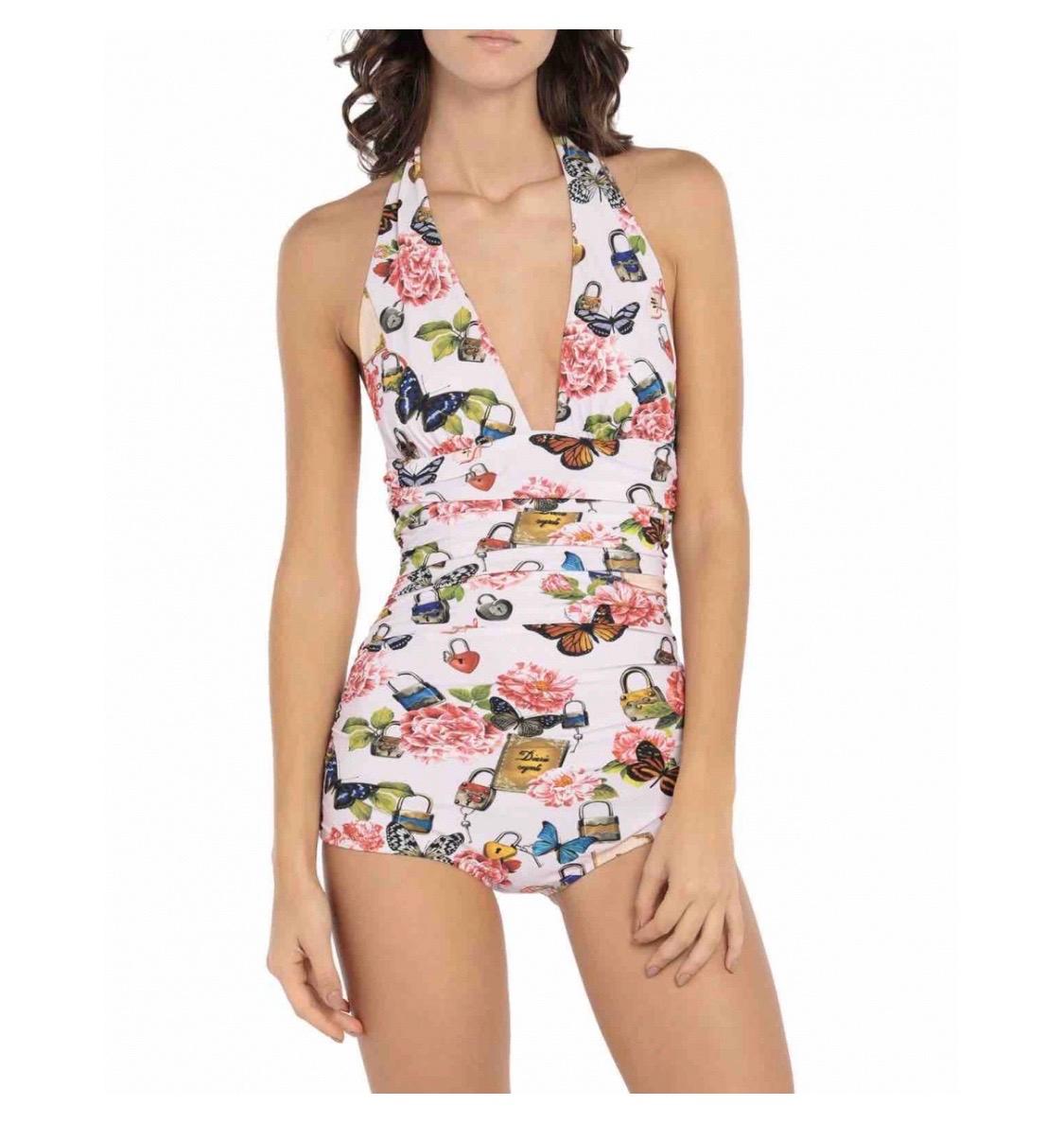 Dolce & Gabbana side-drape one-piece swimsuit romantic floral butterfly print In New Condition In WELWYN, GB