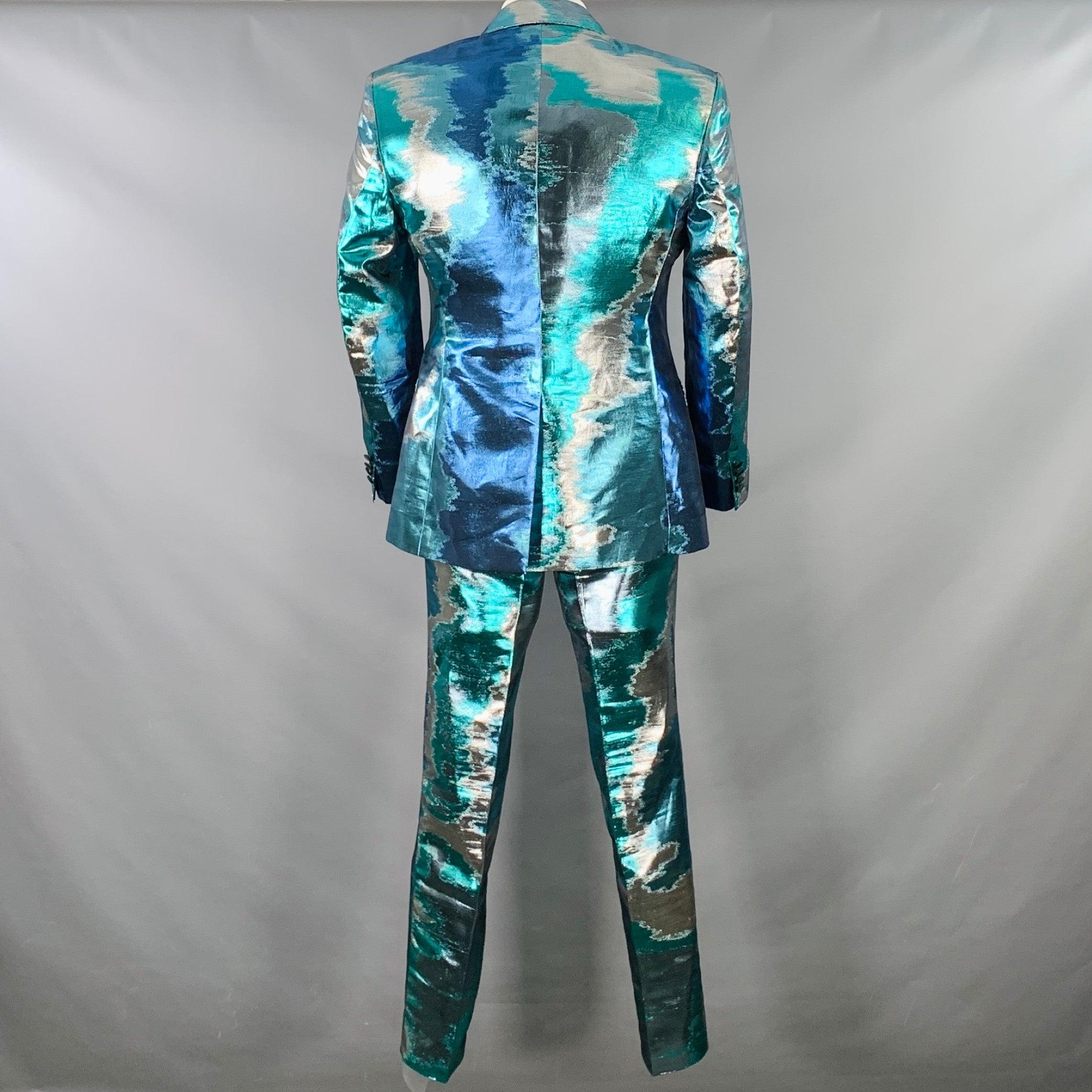DOLCE & GABBANA Silicia Size 46 Blue Silver Metallic Marbled Polyester Silk 3 Piece Suit In Good Condition For Sale In San Francisco, CA