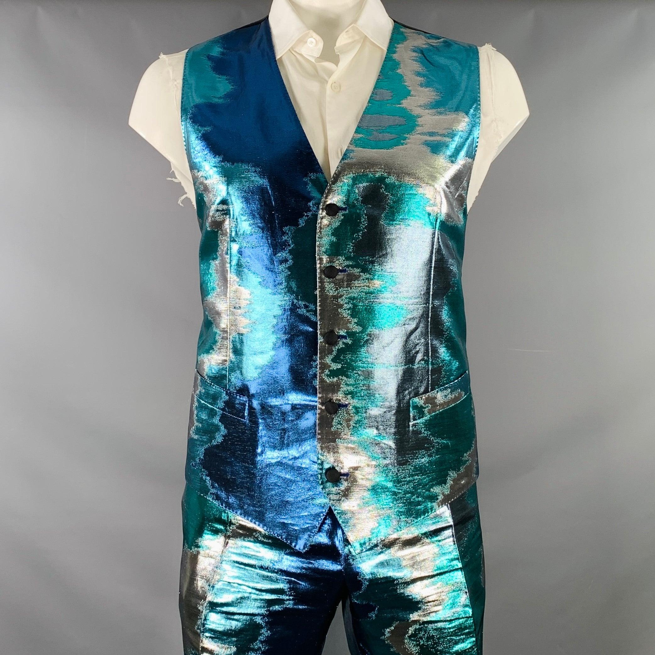 Men's DOLCE & GABBANA Silicia Size 46 Blue Silver Metallic Marbled Polyester Silk 3 Piece Suit For Sale