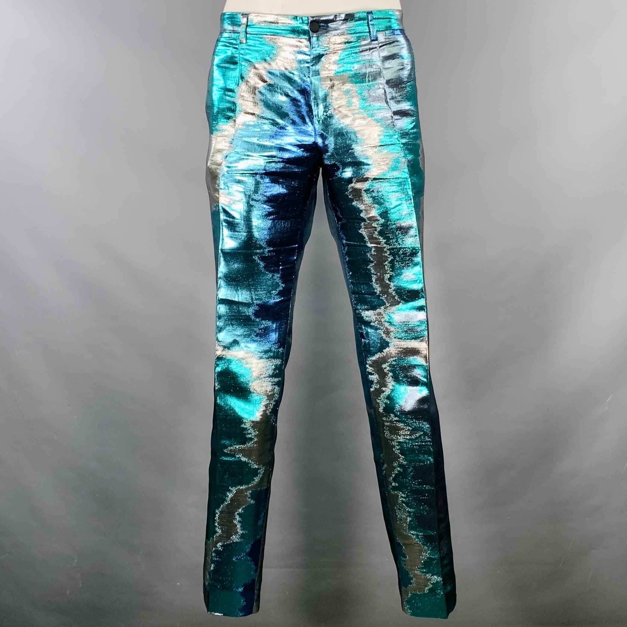 DOLCE & GABBANA Silicia Size 46 Blue Silver Metallic Marbled Polyester Silk 3 Piece Suit For Sale 1