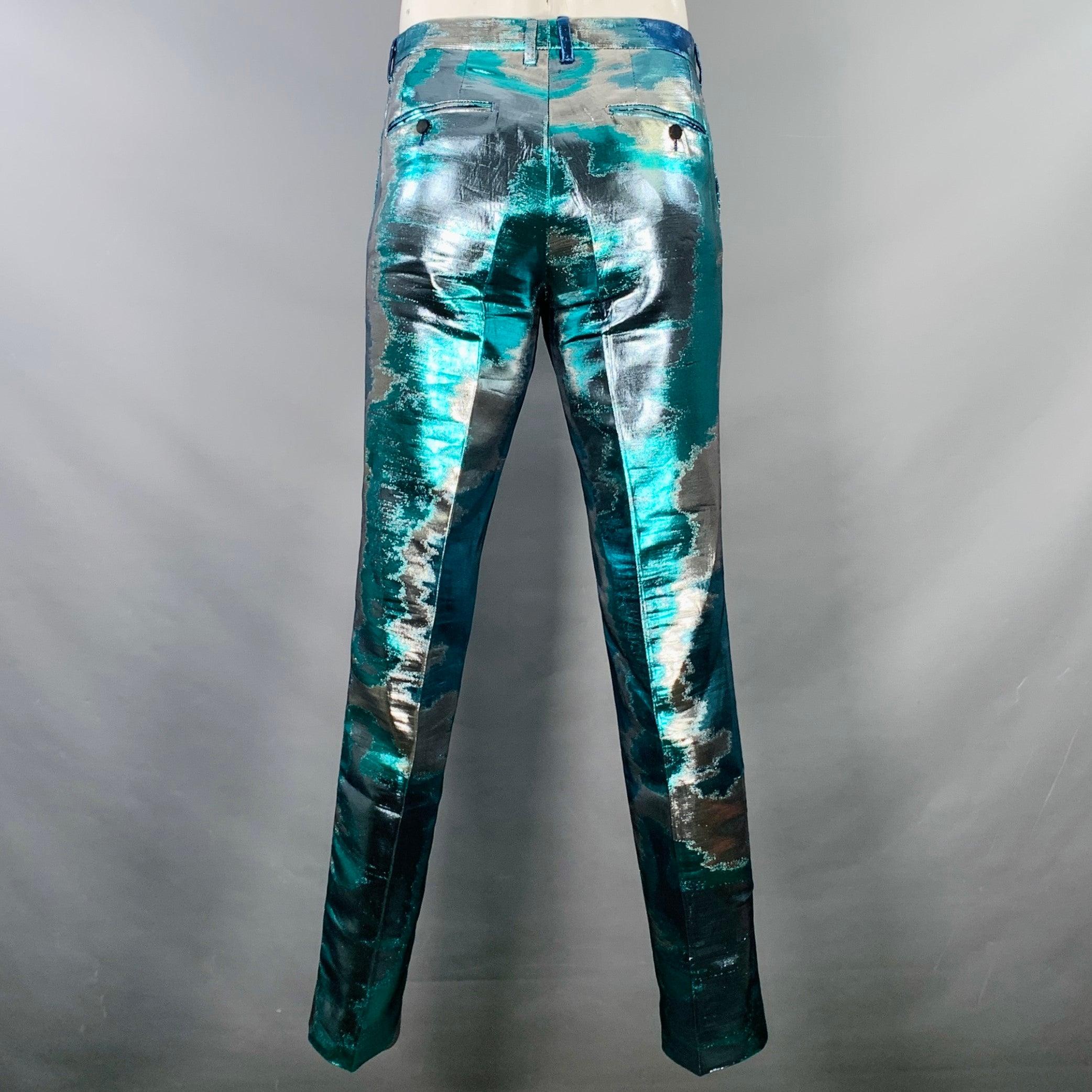 DOLCE & GABBANA Silicia Size 46 Blue Silver Metallic Marbled Polyester Silk 3 Piece Suit For Sale 2