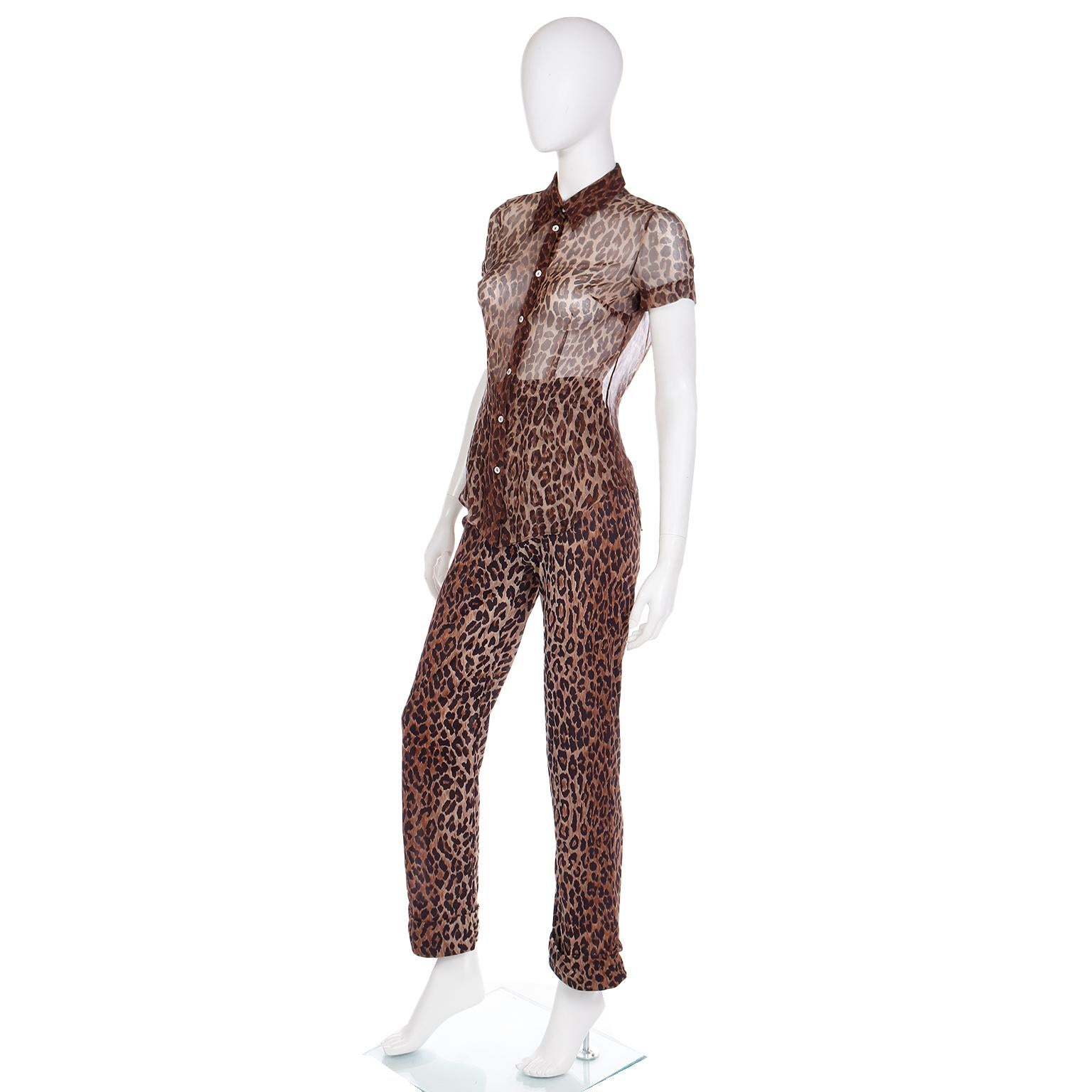 Dolce & Gabbana Silk 2pc Leopard Print Sheer Blouse & High Waist Pants Outfit For Sale 1