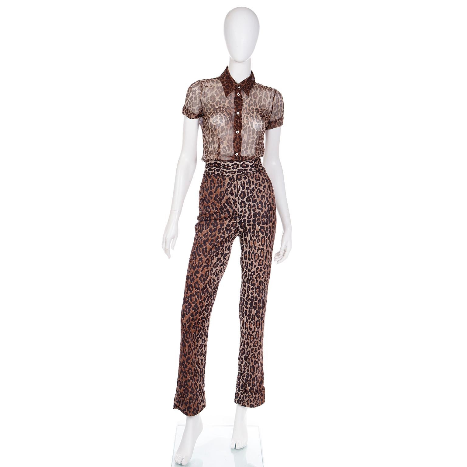 Dolce & Gabbana Silk 2pc Leopard Print Sheer Blouse & High Waist Pants Outfit For Sale 2
