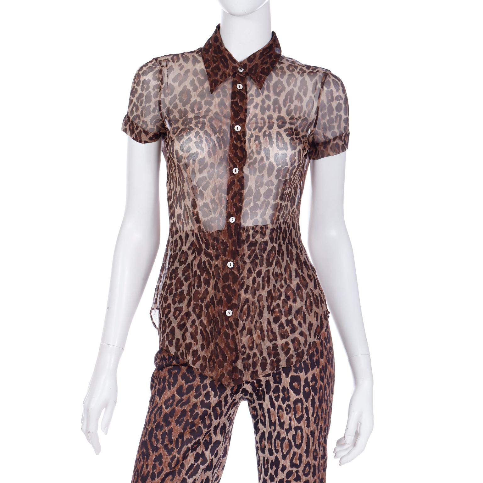 Dolce & Gabbana Silk 2pc Leopard Print Sheer Blouse & High Waist Pants Outfit For Sale 4