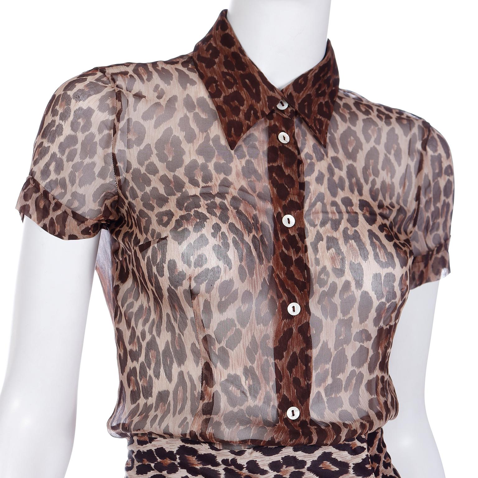 Dolce & Gabbana Silk 2pc Leopard Print Sheer Blouse & High Waist Pants Outfit For Sale 5