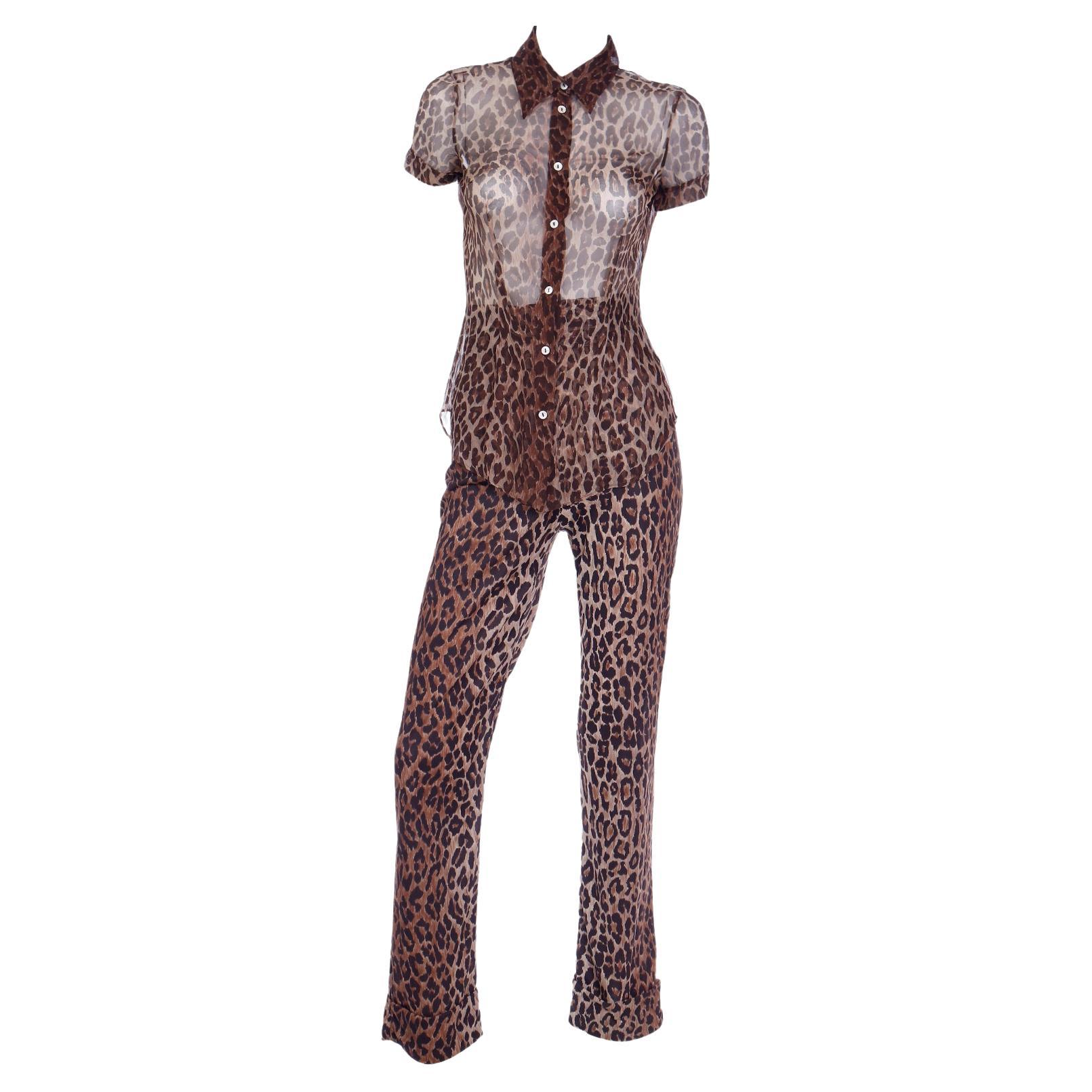 Dolce & Gabbana Silk 2pc Leopard Print Sheer Blouse & High Waist Pants Outfit For Sale