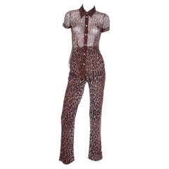 Dolce & Gabbana Silk 2pc Leopard Print Sheer Blouse & High Waist Pants Outfit