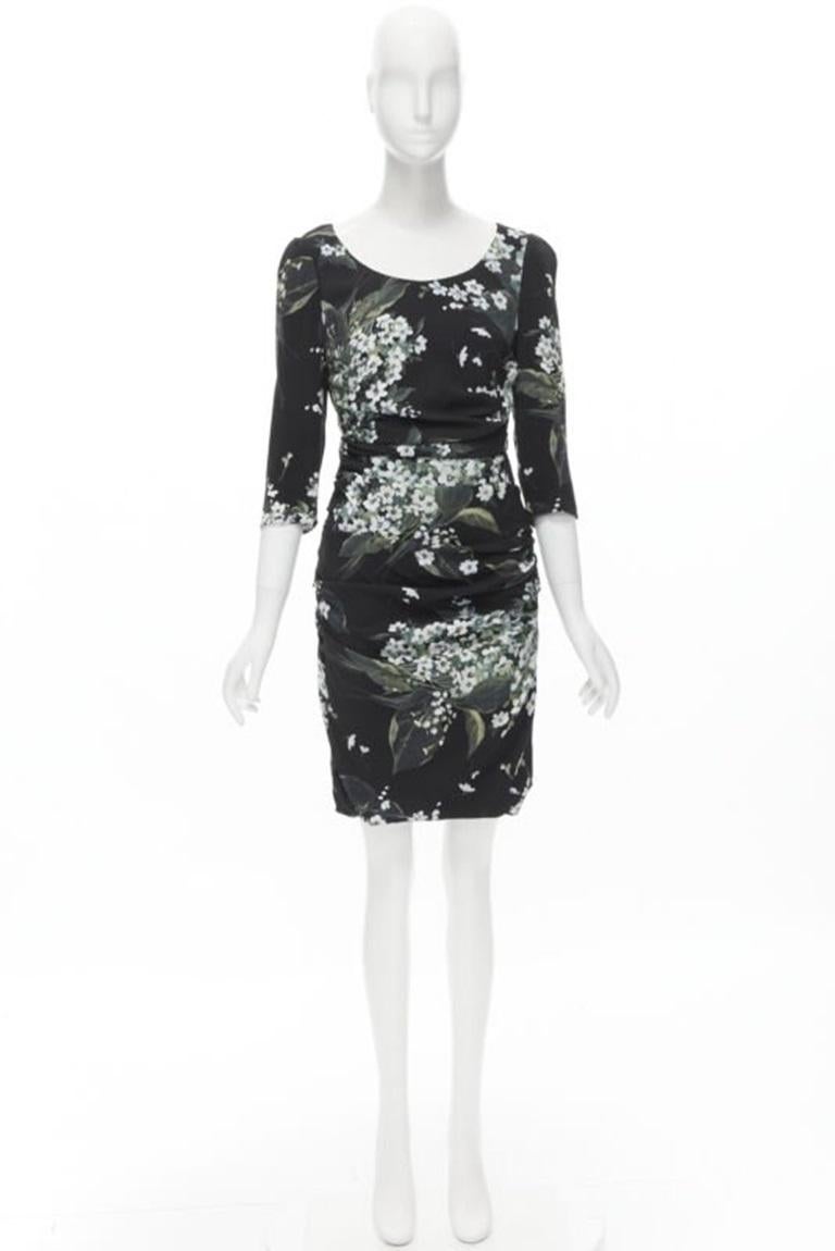 DOLCE GABBANA seda negro blanco verde estampado floral vestido bodycon fruncido IT40 XS Negro en venta