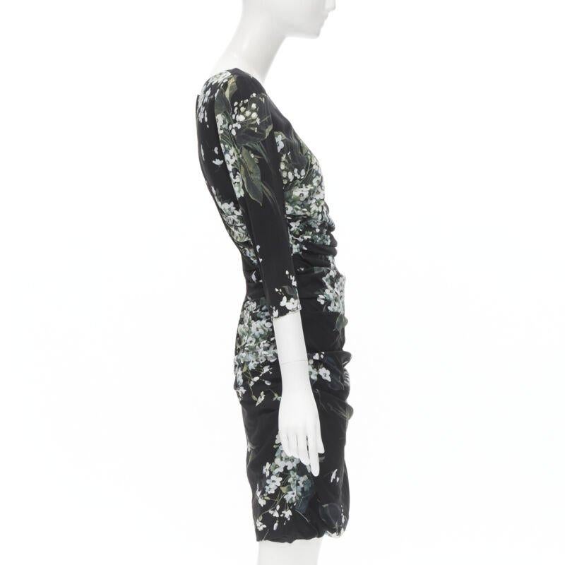 De las mujeres DOLCE GABBANA seda negro blanco verde estampado floral vestido bodycon fruncido IT40 XS en venta