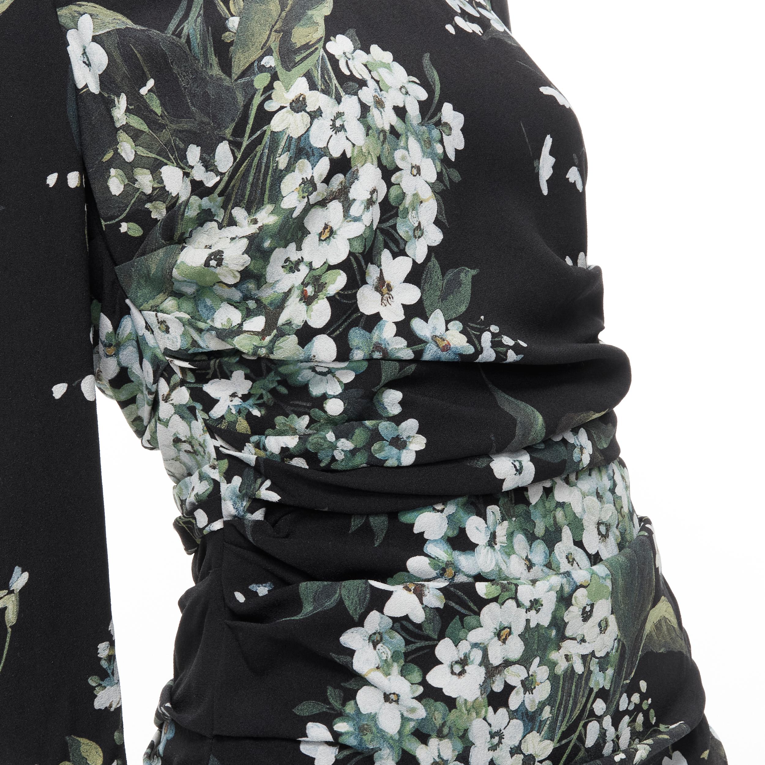 Women's DOLCE GABBANA silk black white green floral print ruched bodycon dress IT40 XS For Sale