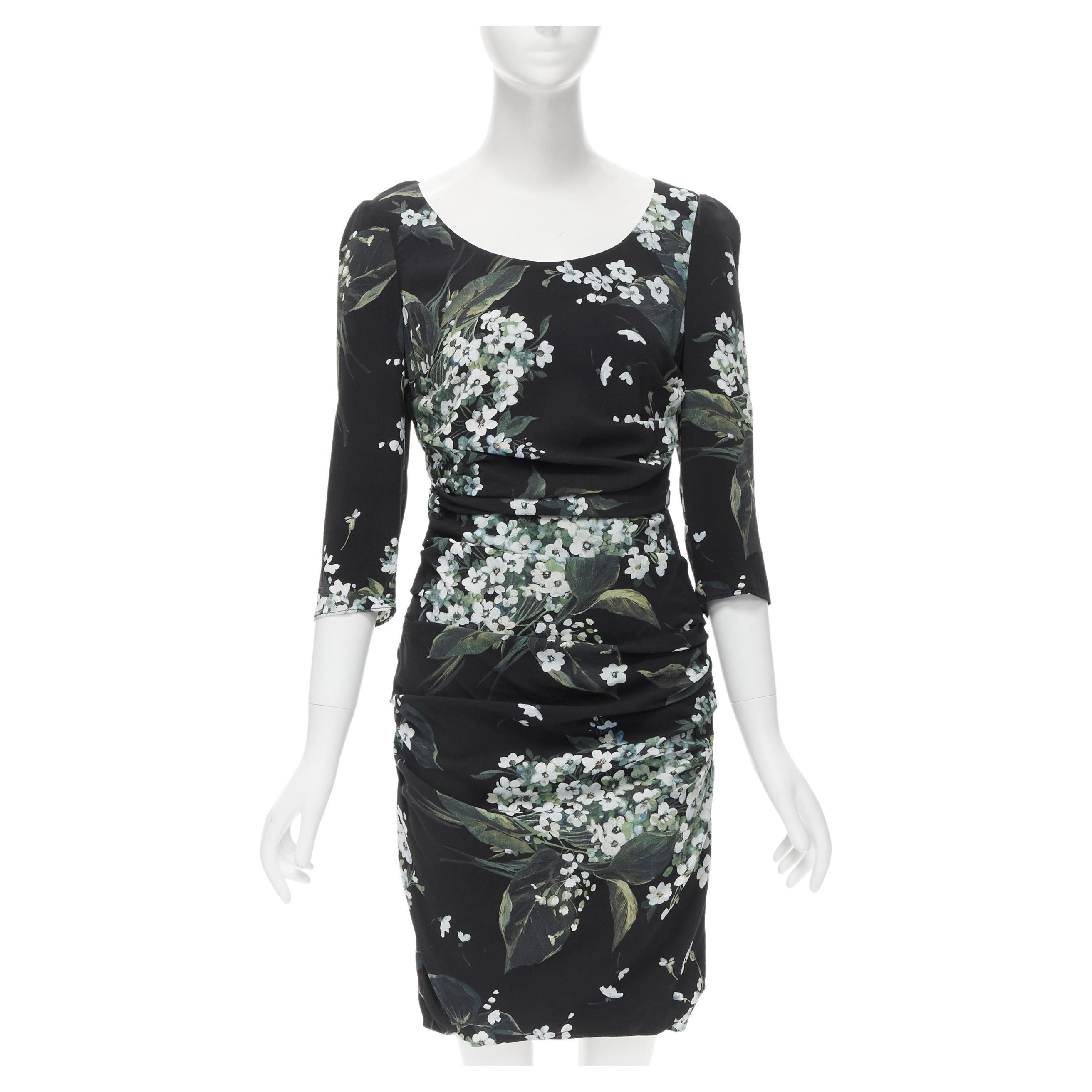 DOLCE GABBANA silk black white green floral print ruched bodycon dress IT40 XS For Sale