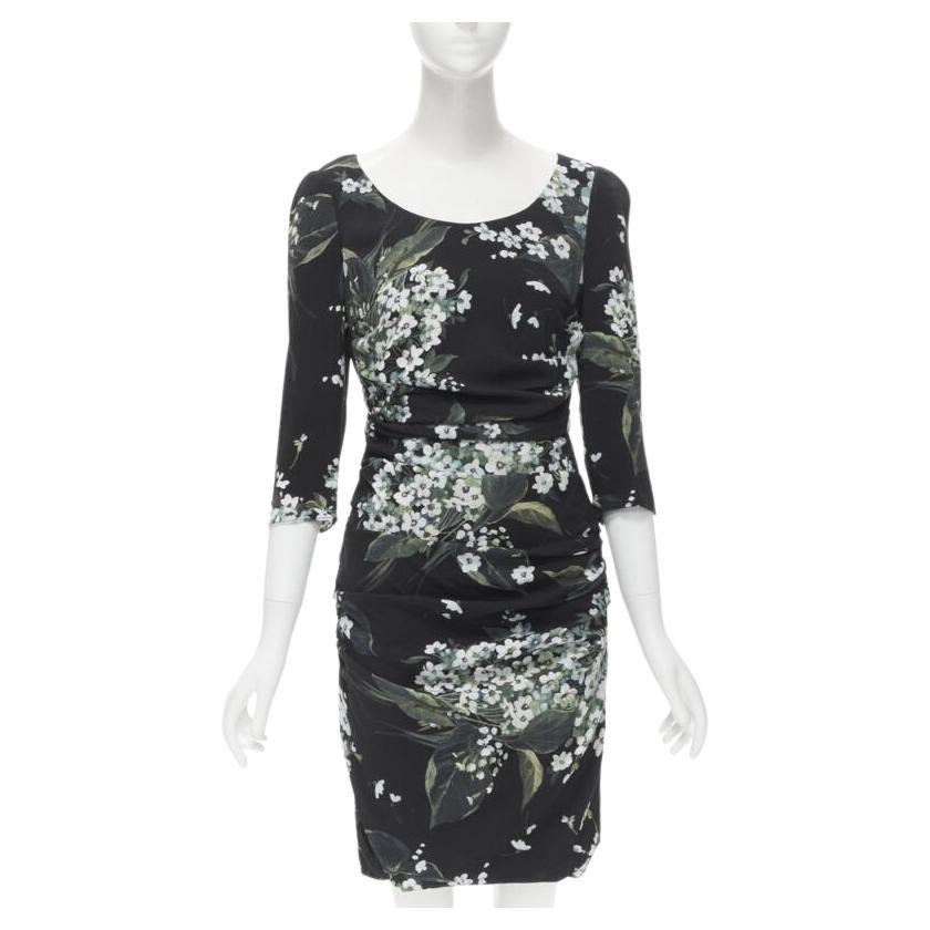 DOLCE GABBANA seda negro blanco verde estampado floral vestido bodycon fruncido IT40 XS en venta