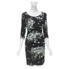 DOLCE GABBANA silk black white green floral print ruched bodycon dress IT40 XS