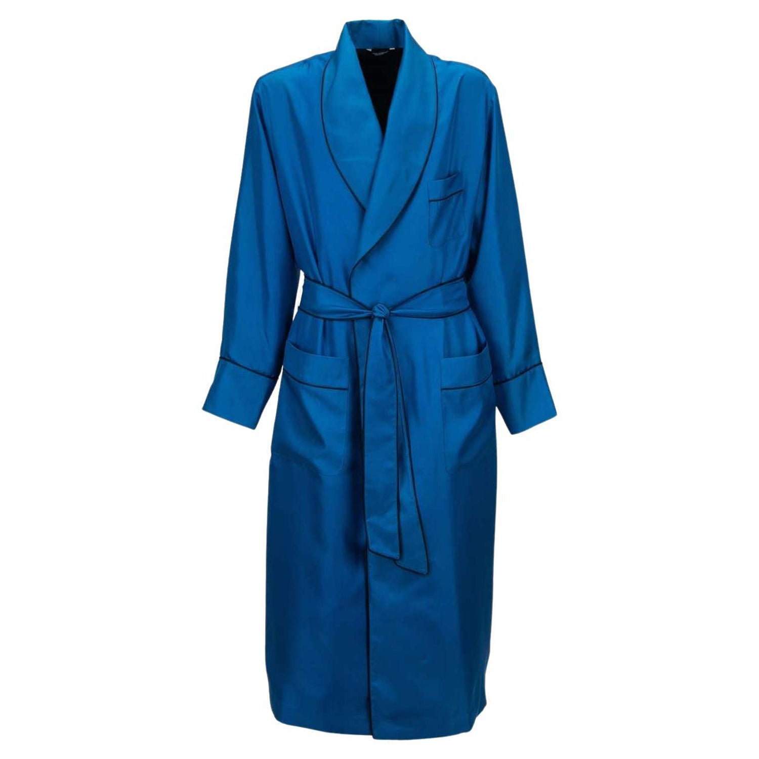 Dolce and Gabbana - Velvet Robe Coat with Bee and Crown Embroidery Blue Red  50 For Sale at 1stDibs