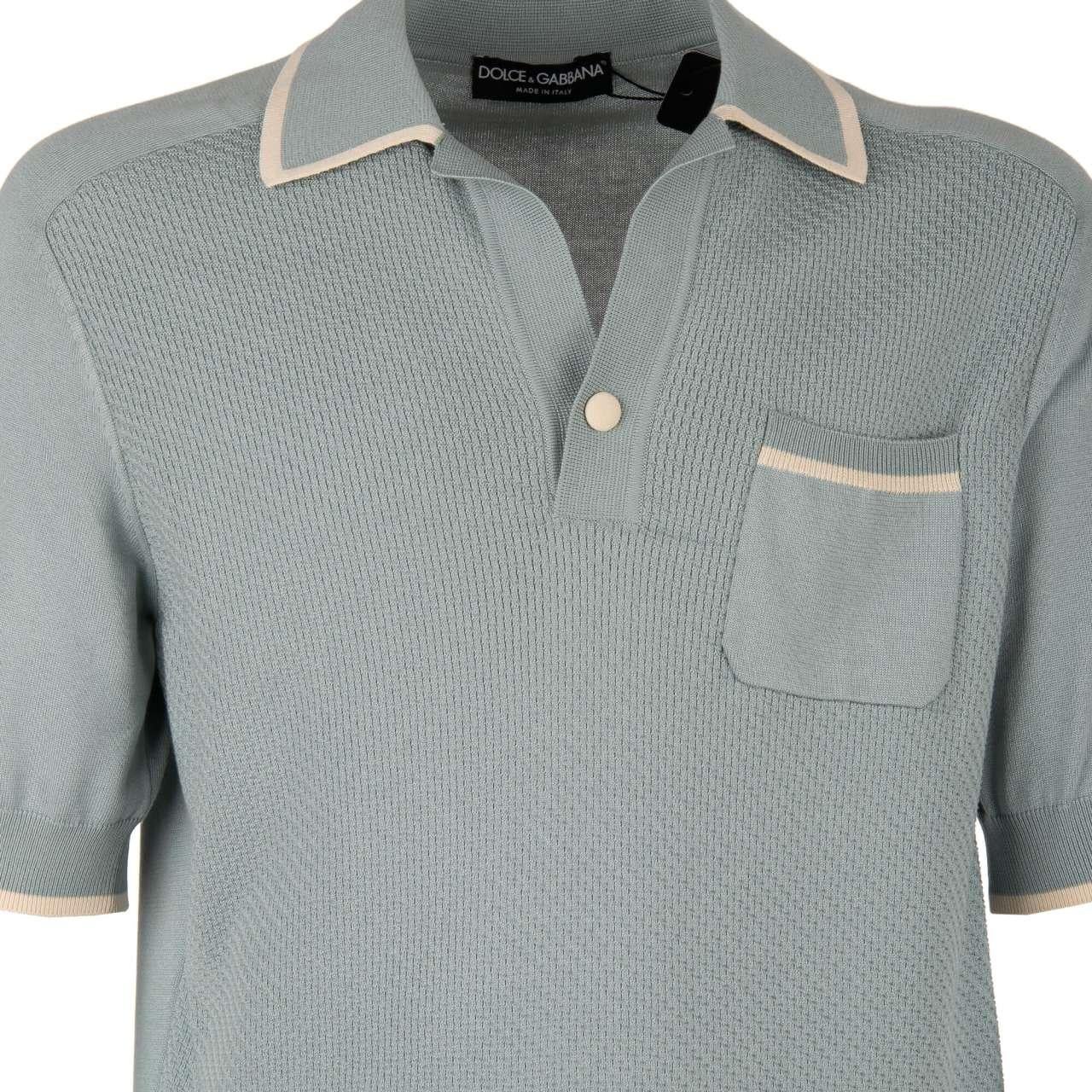 - Silk Blend Polo Shirt with contrast details in white and blue by DOLCE & GABBANA - New with Tags - MADE IN ITALY - Slim F- Polo collar - Button closure - Model: GX934T-JAMT8-S9000 - Material: 55% Silk, 45% Cotton - Color: Blue / White - Size: 48 /
