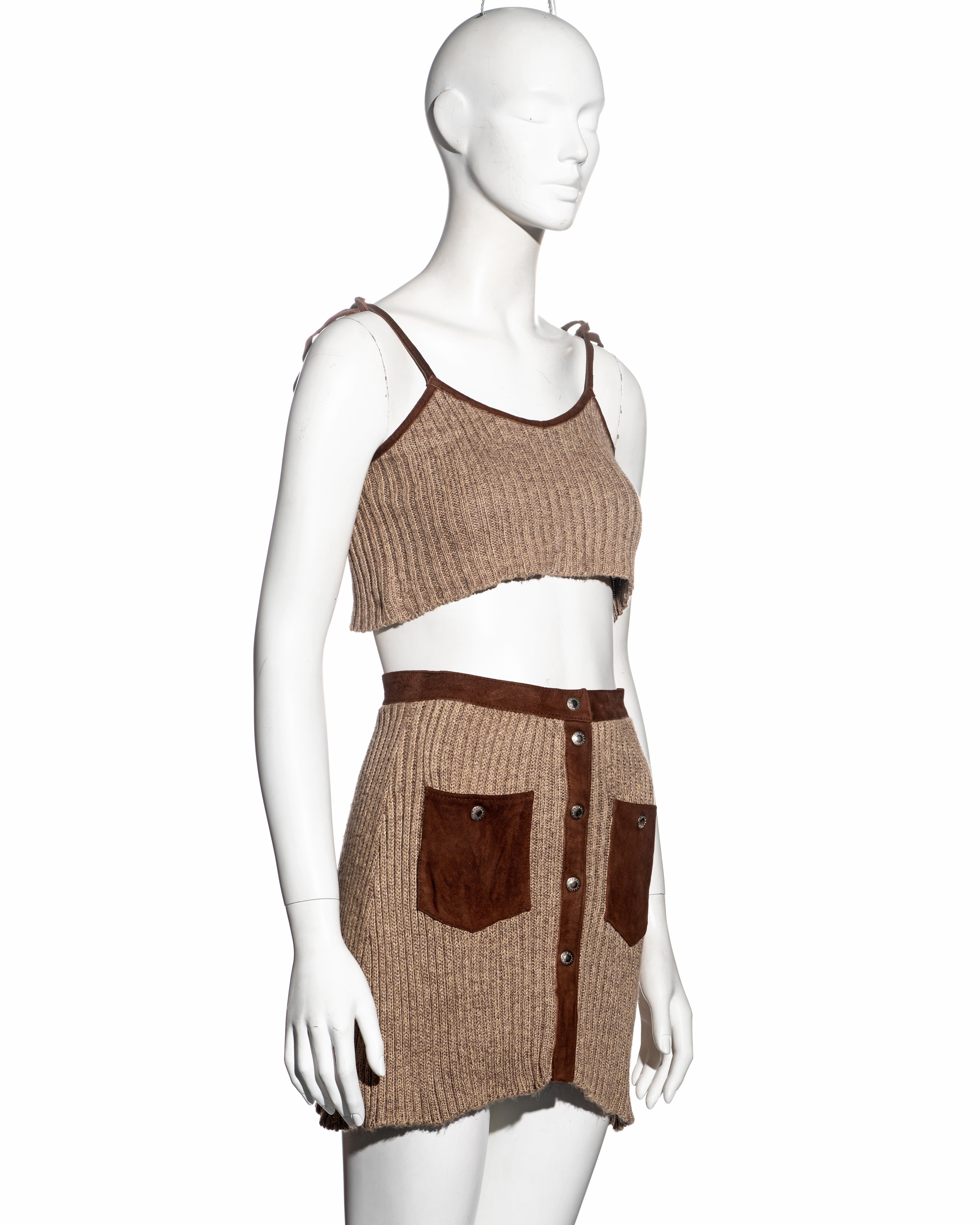 Brown Dolce & Gabbana silk-cotton ribbed knit and suede crop top and skirt, ss 1994