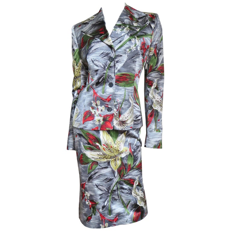 Dolce Gabbana Silk Flower Print Skirt Suit