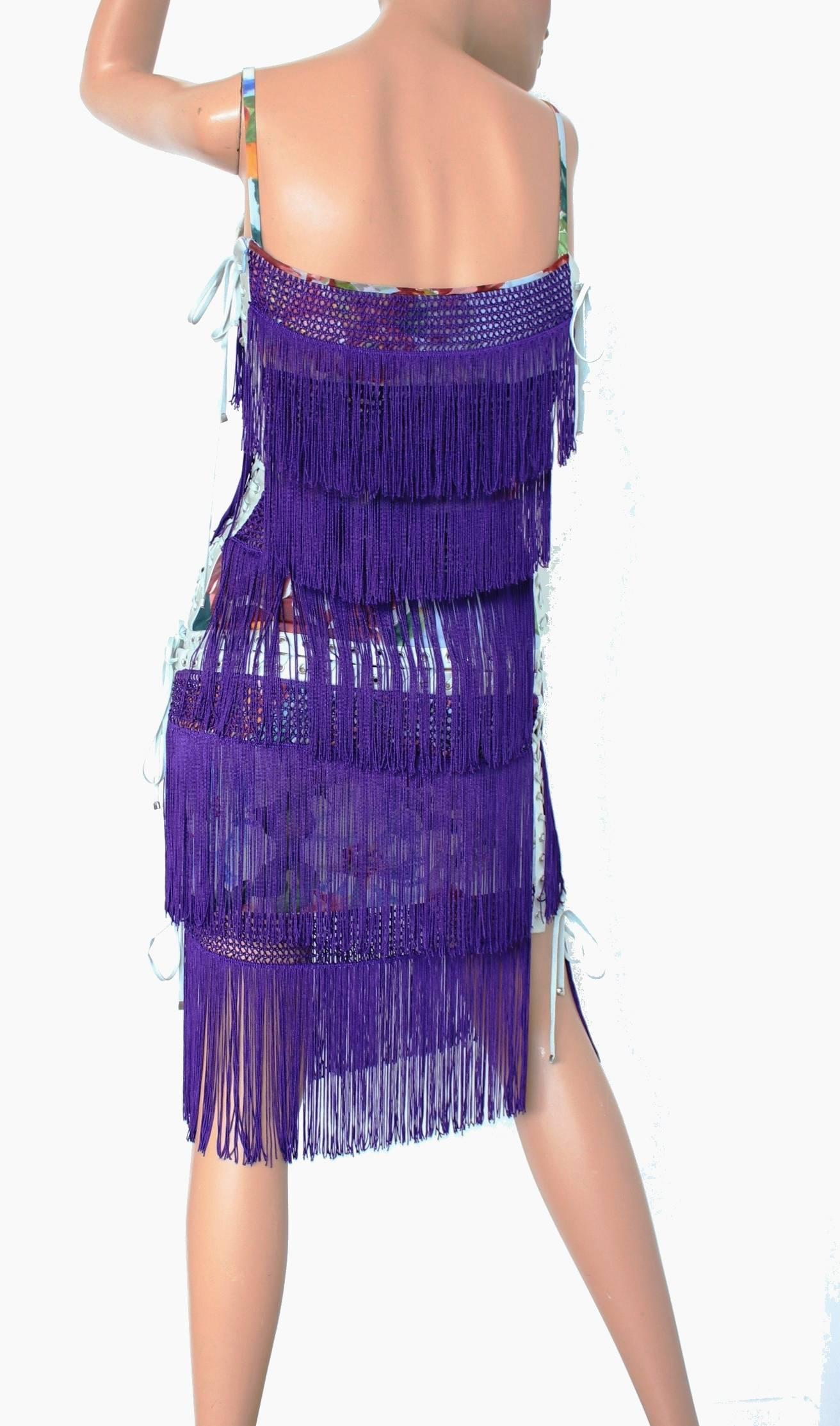 Purple Dolce & Gabbana Floral Silk Fringe Lace-up Knit Dress 