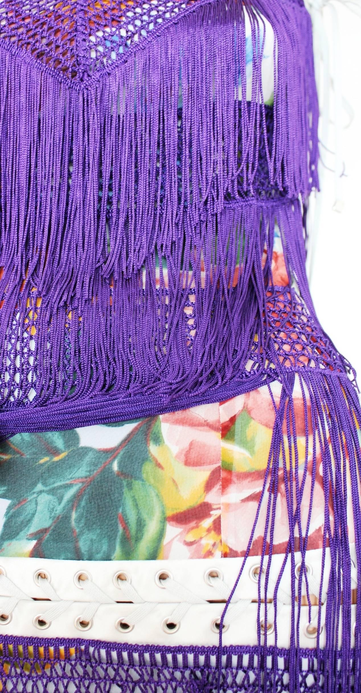 Dolce & Gabbana Floral Silk Fringe Lace-up Knit Dress 