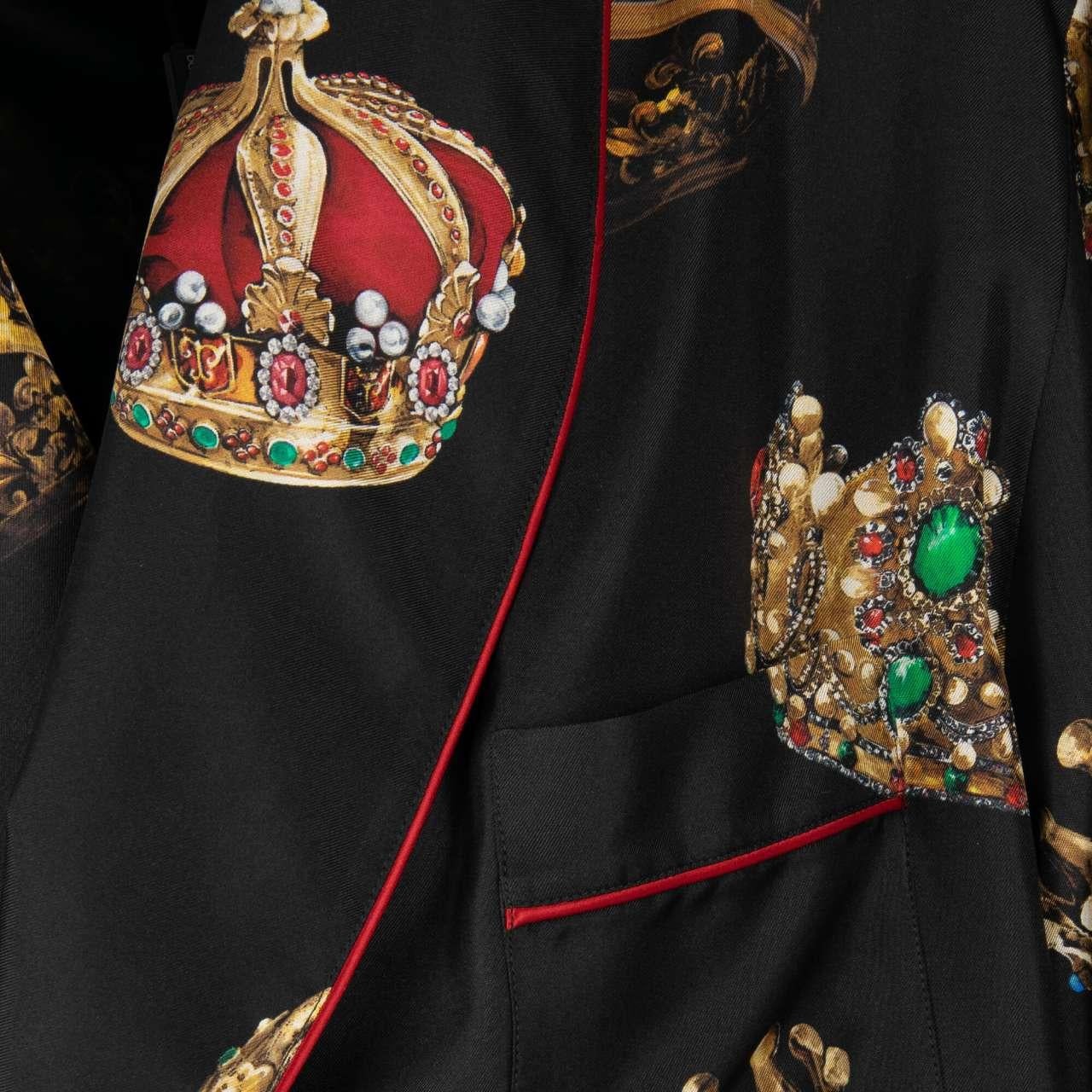 Dolce & Gabbana - Silk King Crown Printed Coat Robe Black 44 For Sale 3