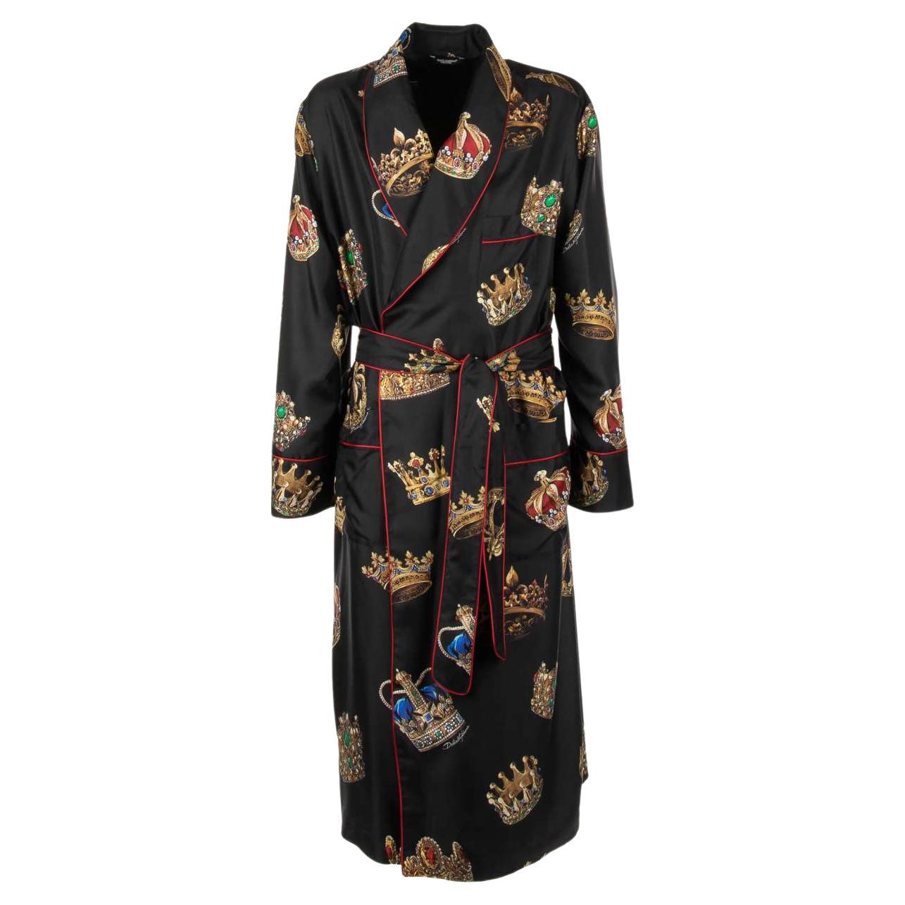 Dolce & Gabbana - Silk King Crown Printed Coat Robe Black 44 For Sale