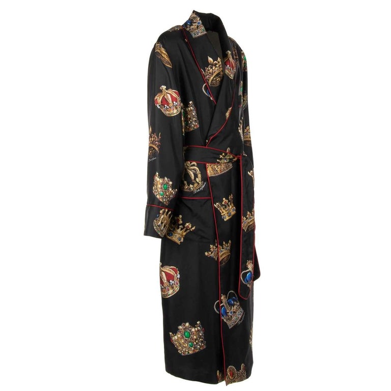 Dolce and Gabbana - Silk King Crown Printed Coat Robe Black 52 For Sale ...